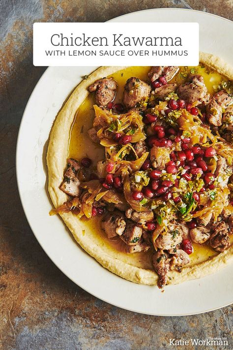 Chicken Kawarma with Lemon Sauce over Hummus is inspired by Ottolengi and Tamimi—the combination of flavors and textures is magical and addicting. Pomegranate Sauce, Appetizer Party, Pomegranate Recipes, Radicchio Salad, Weekday Breakfast, Cauliflower Dishes, Persian Cuisine, Squash Salad, Pasta Night