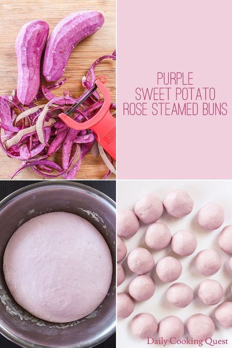 Rose Steamed Buns, Ube Potato, Purple Sweet Potato Recipes, Mantou Recipe, Recipes Chinese Food, Chinese Steamed Buns, Steam Buns Recipe, Potato Buns, Sweet Potato Buns