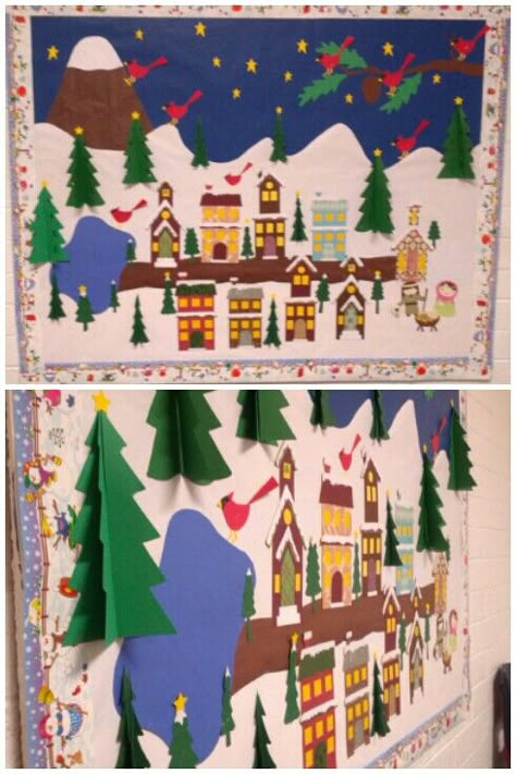 Winter Village Bulletin Board, Christmas Village Door Decorating, Christmas Village Bulletin Board, Graduation Classroom Decorations, Christmas Board Decoration, Winter Classroom Door, Winter Displays, Winter Bulletin Board, Christmas Bulletin Boards