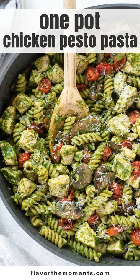 Dinner With Pesto Recipes, Chicken Pesto Pasta With Veggies, Chicken Pesto Pasta With Mushrooms, Easy Pesto Dinner Recipes, Shredded Chicken Pesto Pasta, Pesto Chicken Pasta One Pot, Pesto Mushroom Chicken, Homemade Pesto Chicken Pasta, Chicken Recipes With Pesto Sauce