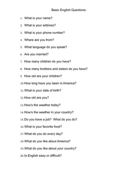 Basic English Conversation Questions Spoken English Questions, How To Make Questions In English, Basic English Conversation For Beginners, Conversation Questions For Kids, Esl Conversation Questions, Basic Questions To Ask Someone, English Learning Spoken Conversation, English Questions For Speaking, Conversation Worksheets English