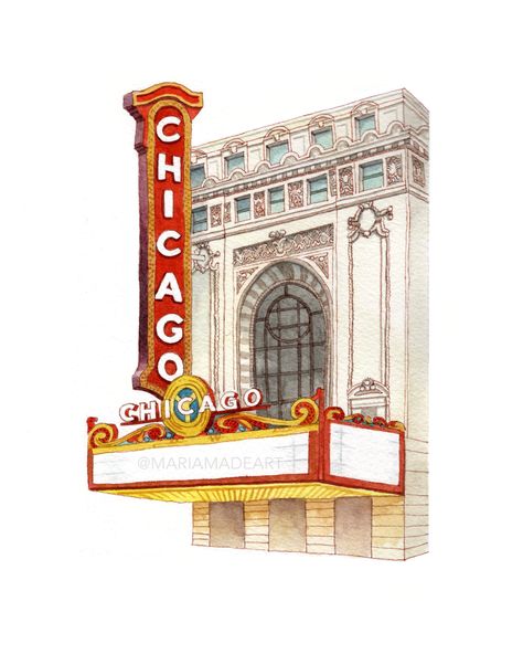 Discover the Captivating Charm of Chicago Theatre Watercolor Print *Are you ready to bring the timeless beauty of Chicago's iconic Theatre into your space? Look no further! This extraordinary Chicago Theatre Watercolor Print, with its meticulous attention to detail and vibrant colors, will undoubtedly enhance your space.  *Impeccable Artistry: The breathtaking details of the Chicago Theatre have been lovingly captured in this art print. MariaMadeArt's original watercolor has been flawlessly repr Chicago Drawing, Chicago Watercolor, Chicago Illustration, Chicago Map Art, Chicago Artwork, Sorority Room, Chicago Art Print, Chicago Theatre, Chicago Cityscape