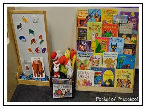 Preschool Library Center, Preschool Reading Center, Preschool Classroom Layout, Preschool Set Up, Preschool Classroom Setup, Kindergarten Library, Preschool Library, Pocket Of Preschool, Library Center