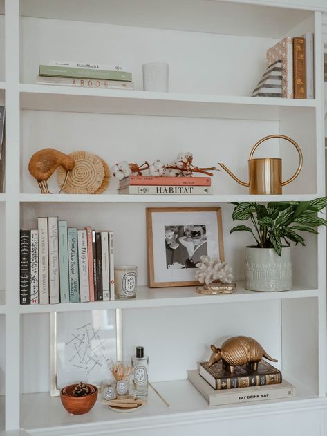 A Tour Of Our New Shelving. - KATE LA VIE Shelves In Bedroom Decor, What To Put On A Shelf Bedroom, Book Shelves Decoration, How To Decorate Shelves In A Bedroom, Bedroom Shelf Styling, Shelf Organization Ideas Bedroom, Shelf Organization Bedroom, Boho Bookshelf Styling, Room Shelves Bedroom