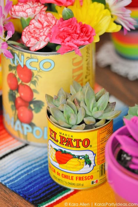 Succulents and food cans! Cinco De Mayo Mexican Fiesta by Kara Allen | Kara's Party Ideas | KarasPartyIdeas.com favors, decor, DIY ideas, recipes and more! Mexican Fiesta Party, Mexican Birthday, Fiesta Theme Party, Mexican Party Theme, Fiesta Theme, Boda Mexicana, 5 De Mayo, Fiesta Birthday, Fiesta Baby Shower