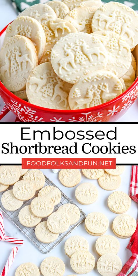 This Christmas Shortbread Cookie Recipe is perfect for embossed rolling pins. The designs from the rolling pin come out perfectly clear and crisp every time! via @foodfolksandfun Patterned Rolling Pin Cookies Recipe, Stamped Rolling Pin Cookie Recipe, Cookie Recipes For Cookie Press, Shortbread Press Cookies, Recipe For Cookie Press Cookies, Rolled Butter Cookies, Roll Out Butter Cookie Recipe, Cookie Embosser Stamp, Shortbread Cookie Recipe For Embossed Rolling Pin