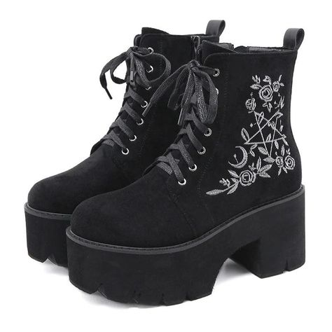 This pair of gorgeous Black Flower Comfortable Goth Shoes makes you cool and beautiful. In addition, they have excellent elasticity, which can be very comfortable to wear. It is made of high quality material, durable enough for your daily wearing. The flower design looks so magical that you may fall in love with these shoes at the first sight! Please check the measurement chart carefully before you buy the item.Material: PU , RubberPackage Included : 1x Shoe Note: There might be 2-3% difference Gothic Boots Women, Goth Platform Boots, Goth Platforms, Black Store, Moda Grunge, Embroidery Boots, Goth Shoes, Gothic Boots, Platform Boots Chunky