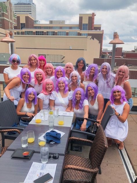 wig bachelorette birthday party girls college colorful Wig Bachelorette Party Ideas, School Spirit Days, Cowgirl Bachelorette Parties, Pink Bachelorette, Bff Halloween Costumes, Cowgirl Bachelorette, Disco Cowgirl, College Sorority, Bid Day Themes