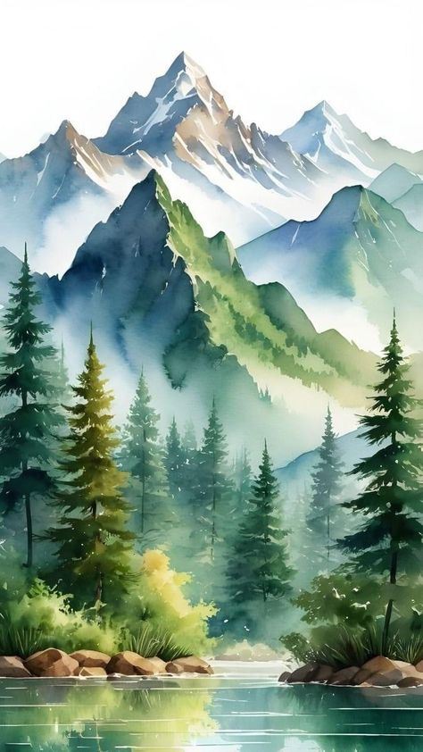 Painting Of Nature, Landscape Painting Tutorial, Mountain Landscape Painting, Break Up, Watercolor Mountains, Landscape Art Painting, 수채화 그림, Watercolor Landscape Paintings, Watercolor Trees