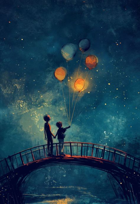 Night Sky Digital Art, Sky Digital Art, Mother Son Love, Balloon Lanterns, Dusk Sky, Starlit Sky, Sky Bridge, Sky Digital, Bridge Painting