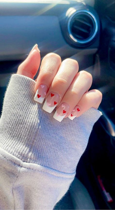 Valentine’s Day Nails Coffin Short, Valentines Day Acrylic Nails Short, Short Acrylic Nails Rainbow, Short Valentines Day Nails Acrylic Square, February Nails Ideas Valentines Day Short, French Tip Valentines Nails, Valentines Day Nails Acrylic Square, Valentine French Tip Nails, Basic Valentines Day Nails