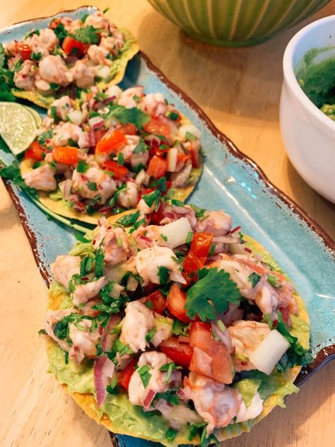 Ceviche Shrimp Tostadas, Tostada Recipes Shrimp, Shrimp Ceviche Tacos, Grilled Shrimp Ceviche, Authentic Mexican Tostadas, Ceviche Shrimp Puerto Rican, Fish Tostada Recipes, Shrimp Civeche Recipe Mexican, Civeche Recipe Shrimp Mexican