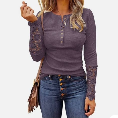 Cute Crew Neck, Ribbed Shirt, Lace Button, Plain Tops, Short En Jean, Basement Ideas, Look Casual, Casual Blouse, Sleeve Detail