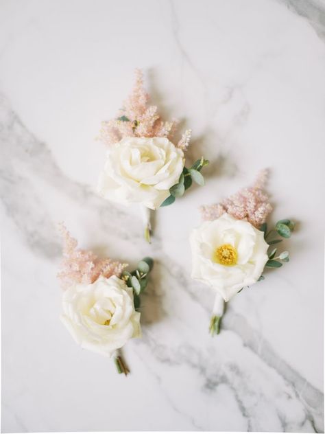 White spray rose and blush astilbe boutonniere with eucalyptus accent. Bethany Erin Weddings Blush And White Boutonniere, Astilbe Boutonniere, Neutral Boutonniere, Boutonniere With Eucalyptus, Blush Astilbe, Blush Corsage, Peach Boutonniere, Blush Boutonniere, White Spray Rose