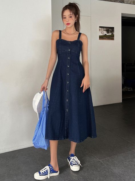 Dark Wash Casual Collar Sleeveless Denim Plain Cami Embellished Slight Stretch  Women Clothing Fashion Mistakes Woman, Denim Attire, Cami And Jeans, Sleeveless Denim Dress, Denim Dresses, Fashion Fail, Ladies Clothes, Fashion Aesthetics, Look Older