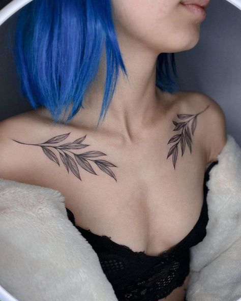 Chest Tattoos For Women: From Dainty To Dramatic | Design by  Mika Masterson Plant Colar Bone Tattoo, Collarbone Botanical Tattoo, Aesthetic Chest Tattoo Female, Leaves Chest Tattoo Female, Leafy Collar Bone Tattoo, Leave Collar Bone Tattoo, Collar Bone Tattoo Vines, Collar Bone Tattoo Plants, Leaf Chest Tattoo Female