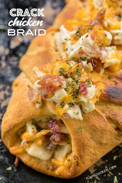 Cracked Out Chicken Braid recipe - crescent rolls stuffed with chicken, cheddar, bacon and ranch. SO easy!!! Great way to use up leftover chicken. We make this at least once a week! It is THE BEST!!! #chickenrecipe #kidfriendlyrecipe #dinnerrecipe #bacon Chicken Braid Recipe, Crescent Dough Sheet Recipes, Cracked Out Chicken, Chicken Braid, Crescent Braid, Crescent Roll Recipes Dinner, Recipes Using Crescent Rolls, Sandwich Chicken, Chicken Cheddar