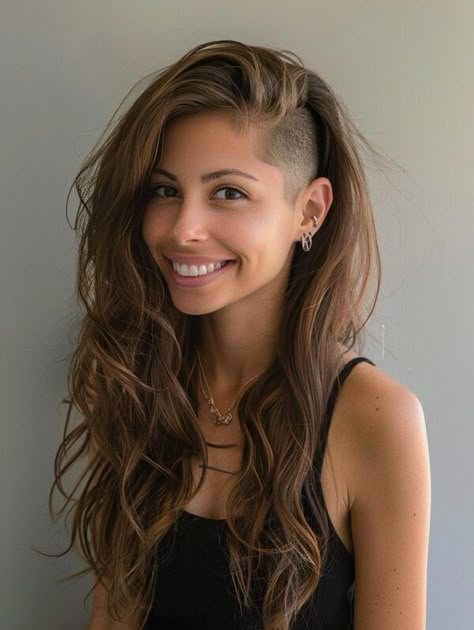 Explore Long Hair with Shaved Sides Hairstyles 2024 Female Undercut Long Hair, One Side Shaved Hairstyles, Half Shaved Head Hairstyle, Shaved Long Hair, Long Hair Shaved Sides, Shaved Side, Undercut Long Hair, Half Shaved Hair, Shaved Side Hairstyles