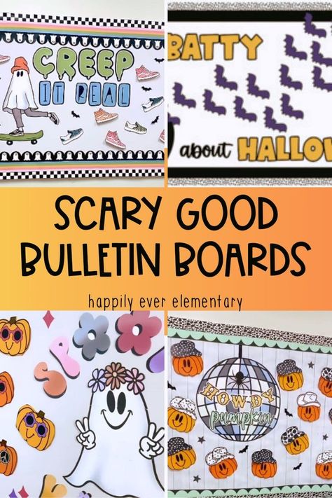 Get ready for fall vibes! Our 'Scary Good Bulletin Boards. Happily Ever Elementary' is your one-stop-shop for all things October. We bring you the best Halloween bulletin board ideas and fall-inspired bulletin boards designed to make your school year more festive and inspiring. Halloween Bulletin Board Ideas, Halloween Elementary, October Bulletin Boards, Elementary Bulletin Boards, Class Bulletin Boards, October School, Art Bulletin Boards, Halloween Bulletin Boards, Bulletin Board Design