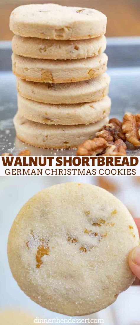 German Walnut Shortbread Cookies made in a traditional shortbread style with coarsely chopped chunks of walnuts, these are the perfect Christmas cookies. #shortbread #cookies #walnuts #baking #dessert #christmas #dinnerthendessert Walnut Shortbread Cookies, Walnut Shortbread, German Christmas Cookies, German Cookies, Dinner Then Dessert, German Desserts, German Baking, Walnut Recipes, Walnut Cookies