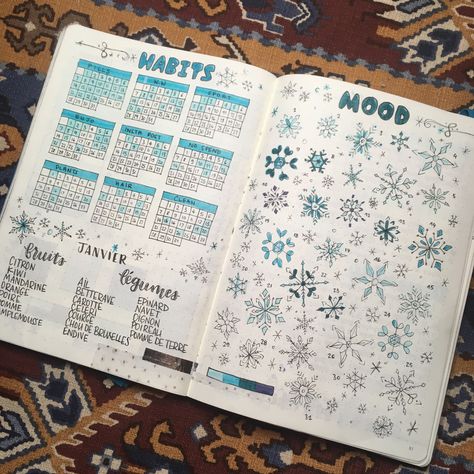 Bujo Snowflake Theme, Winter Planner Ideas, Snowflake Mood Tracker, Snowflake Bullet Journal, January Bullet Journal Mood Tracker, Bullet Journal Log, Bujo January, Bullet Journal Tracking, Bullet Journal Christmas