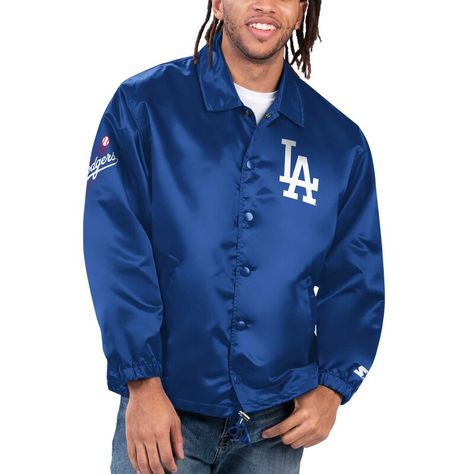 Elevate your style to the next level by wearing this Los Angeles Dodgers Option Route jacket. Its full-snap design by Starter features glossy satin fabric and Los Angeles Dodgers graphics displayed across the left chest, right sleeve and back. An adjustable hem lets you customize the fit for the most comfortable feel and toasty fleece lining keeps you warm as you rep your favorite team. Dodgers Stadium, Dodgers Jacket, Mens Fur Coat, Faux Leather Jacket Women, Biker Jacket Men, Womens Black Leather Jacket, Jean Jacket Men, Womens Jackets Casual, Puffer Jacket Women