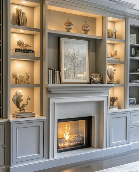 Tv Wall In Living Room Ideas, Closed Cabinets Around Fireplace, Arched Built Ins Next To Fireplace, Living Room Built In One Side, Built In Fire Places Ideas, Cozy Fireplace With Built Ins, Electric Fireplace With Built In Shelves, Living Room Bookcases Built Ins, Library With Fireplace Bookshelves