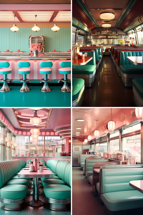 Modern American Diner, 50s Style Diner, Old Diner Aesthetic, Vintage Diner Aesthetic, Retro 50s Aesthetic, 1960s Diner, Vintage 50s Aesthetic, 1950s Room, 60s Diner