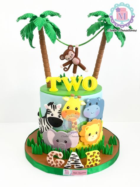 2nd Birthday Cake Animals, Jungle Beat Birthday Cake, Animal Theme Cake Without Fondant, Jungle Theme Cake Without Fondant, Monkey Theme Cake, Jungle Theme Cake, Cakes Without Fondant, Jungle Safari Cake, Jungle Birthday Cakes