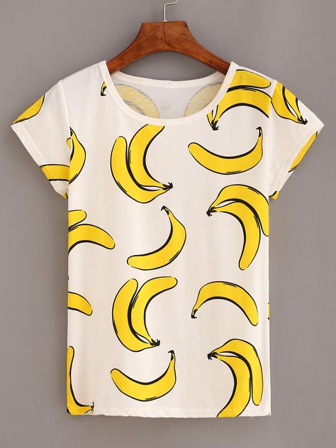 Shop Banana Print T-shirt - White online. SheIn offers Banana Print T-shirt… Banana Clothes, Banana Accessories, Fruit Clothes, Printed Tee Women, White Summer Tops, Banana Print, T Shirts White, Cotton T Shirts, Tween Outfits