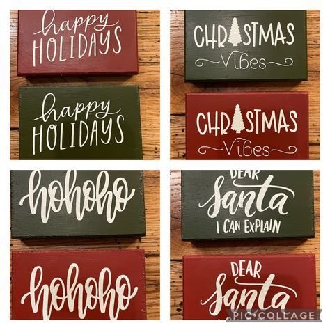 Mini freestanding christmas sign, teir tray sign, holiday decor,  Christmas vibes, dear Santa, ho, ho ho, happy holidays, red, green by KnitzandCraftzByTamz on Etsy Green Sign, Santa Ho Ho Ho, Block Signs, Family Christmas Party, Small Shelf, Christmas Signs Wood, Christmas Vibes, Farmhouse Sign, Christmas Ornament Crafts