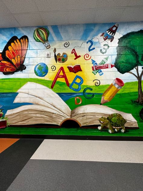 School murals, murals, elementary school walls Paintings For School Walls, Mural School Wall, School Murals For Kids, School Murals Hallways, School Wall Mural, Elementary School Murals, School Wall Painting Ideas, Wall Painting Ideas Creative, School Wall Painting