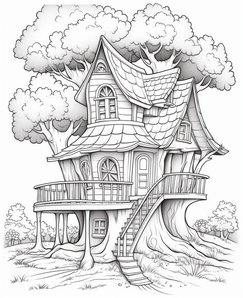 Color your meticulously crafted forest houses in an extraordinary way. Forest Cottage Drawing, Tree House Coloring Pages, Drawings Of Houses, Cottage Drawing, Tree House Drawing, Forest Houses, Fantasy Cottage, Forest Drawing, Pencil Drawings Of Animals