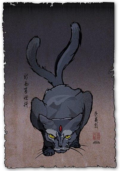 Nekomata - Split Tailed Cat Two Tailed Cat Yokai, Bakeneko Art, Two Tailed Cat, Nekomata Yokai, Cat Yokai, Japanese Myth, Cat Spirit, Japanese Mythology, Japanese Folklore