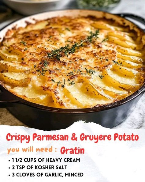 Antonia Lofaso | Crispy Parmesan & Gruyere Potato Gratin | Facebook Potato Gratin, Kosher Salt, Heavy Cream, 2 Cups, Parmesan, Garlic Cloves, Potato, Garlic, Salt