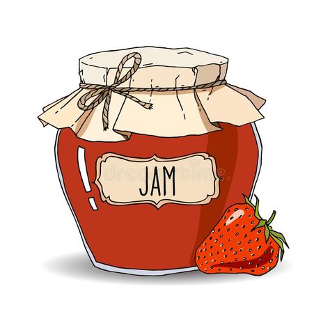 Hand Drawn Strawberry Jam Jar Stock Vector - Illustration of drawing, fashioned: 114434173 Cute Jam Jars Drawing, Jar Illustration Cute, Strawberry Designs Drawing, Things In Jars Drawing, Jam Tattoo Jar Of, Jam Jar Tattoo Small, Strawberry Jam Illustration, Jam Jar Painting, Jam Illustration Jar