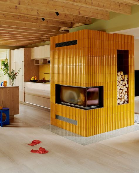 Familien Kvistad designs colourful Yellow House in the Apple Garden 1950s House Renovation, Douglas Fir Flooring, Apple Garden, Roof Beam, 1950s House, Colourful Tile, Yellow Houses, Terrazzo Flooring, Custom Made Furniture