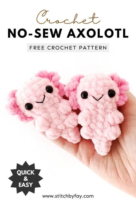 No-Sew Crochet Axolotl Pattern (Free!) No Sew Crochet Stuffed Animals, Easy Crochet Axolotl, Axotl Crochet Pattern, Crochet Worry Pet Free Pattern, No Sew Axolotl Crochet Pattern Free, No Stuffing Amigurumi, Amigurumi Axolotl Free Crochet, Quick No Sew Amigurumi, No Sew Axolotl Crochet