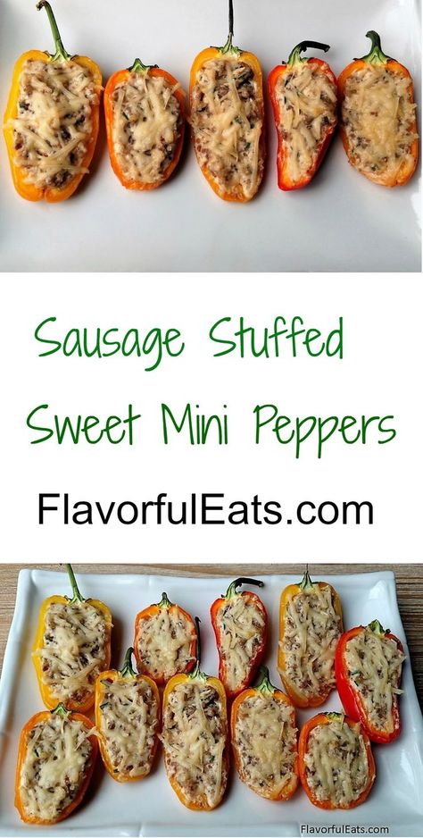 Sausage Stuffed Sweet Mini Peppers are the best appetizers or party food. Made with cream cheese, sausage, and garlic. Just stuff the mini peppers, top with parmesan cheese and bake until cheese is melted. Party Food Chicken, Cream Cheese Stuffed Mini Peppers, Cheese Stuffed Mini Peppers, Cream Cheese Sausage, Healthy Cream Cheese, Sausage Cream Cheese, Mini Peppers, The Best Appetizers, Crockpot Appetizers