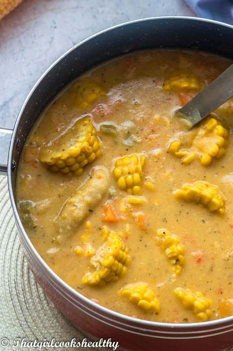 Trinidad corn soup Trini Corn Soup, Corn Soup Trinidadian, Trinidadian Corn Soup, Trinidad Chicken Soup, Trinidad Corn Soup, West Indian Soup Recipes, Jamaican Corn Soup, West Indian Recipes Trinidad, Trinidad And Tobago Recipes