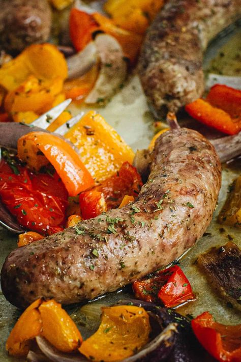 Sausage and Peppers in the Oven Italian Sausage In The Oven, Sausage Peppers And Onions In Oven, Italian Sausage And Peppers In Oven, Baked Sausages In Oven, Sausages In Oven, Oven Sausage And Peppers, Sausage Pepper And Onions, Sausage And Peppers In Oven, Baked Sausage And Peppers