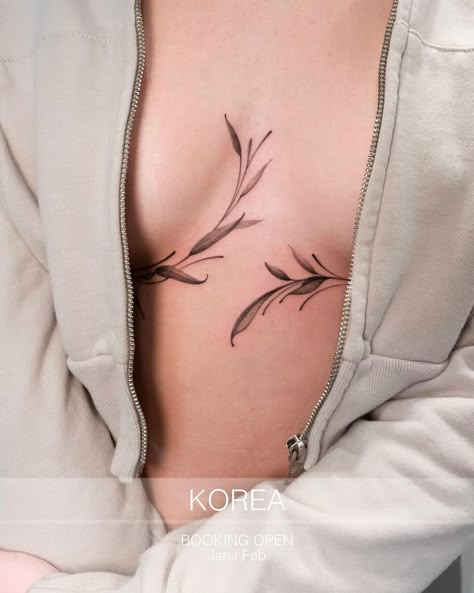 DoJun (Yuseung Kim) | : Tiny bird with flowers #birdtattoo #smallbird #flowerstattoo #flowertattoo #finetattoo #illustrationtattoo #torontotattoo… | Instagram Sternum And Collarbone Tattoo, Foliage Back Tattoo, Under Chest Tattoos For Women, Vine Chest Tattoo Female, Sternum Fine Line Tattoo, Sternum Floral Tattoo, Subtle Queer Tattoos, Flower Tattoos Underboob, Sternum Tattoo Women Flowers