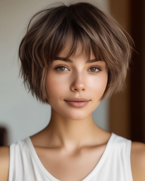 Short Hairstyle With Fringe, Pixie Haircut With Highlights, Bobs With Fringe, "bixie" Haircut 2024, Short Edgy Hairstyles, Above Shoulder Hair, Textured Haircuts, Short Textured Haircuts, Fab Mood