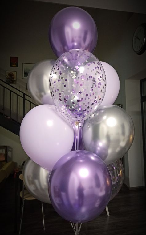 Birthday Decoration Ideas Purple Theme, Metallic Purple Party Decor, Silver And Purple Balloons, Purple And Silver Themed Birthday Party, 16 Birthday Party Ideas Purple, Purple Silver Decorations, Sweet 16 Purple And Silver Theme, Purple Balloons Aesthetic, 18th Birthday Party Ideas Purple