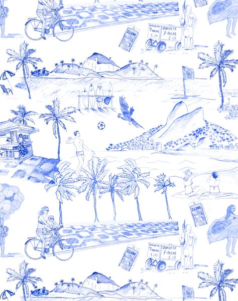 Blue Toile Wallpaper, Wall Fires, Coastal Wallpaper, Toile Wallpaper, Blue Toile, Famous Beaches, Blue Wallpaper, Blue Wallpapers, Wallpaper Roll