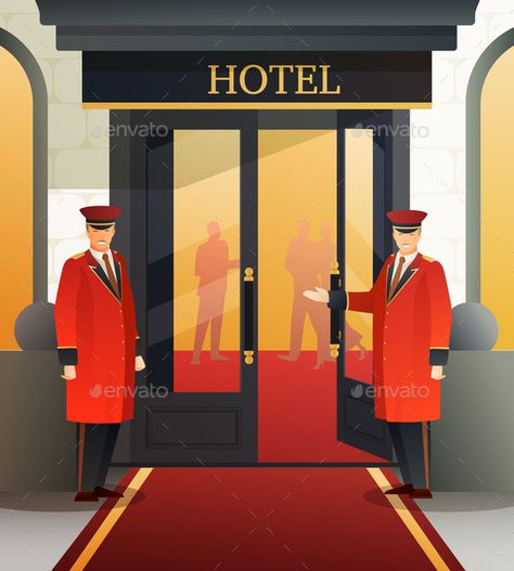 Hotel Front Design, Front Office Hotel, Hotel Illustration, Hotel Drawing, Gradient Icons, Hotel Poster, Hotel Artwork, Red Uniform, Hotel Icon