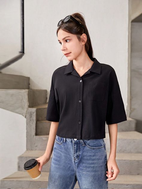 Black Casual Collar Short Sleeve Polyester Plain Shirt Embellished Non-Stretch Spring/Summer Teen Girls Clothing Summer Teen, Drop Shoulder Sleeve, Teen Summer, Plain Shirt, Plain Shirts, Crop Shirt, Teen Girls, Outfits Casuales