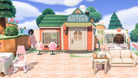 Able Sisters Tailors Shop decorated in a pink and fairycore theme Acnh Tailors Shop Ideas, Fairycore Animal Crossing, Able Sisters Animal Crossing, Acnh Buildings, Fairy Island, Able Sisters, Animal Crossing New Horizon, Acnh Design, Acnh Inspo