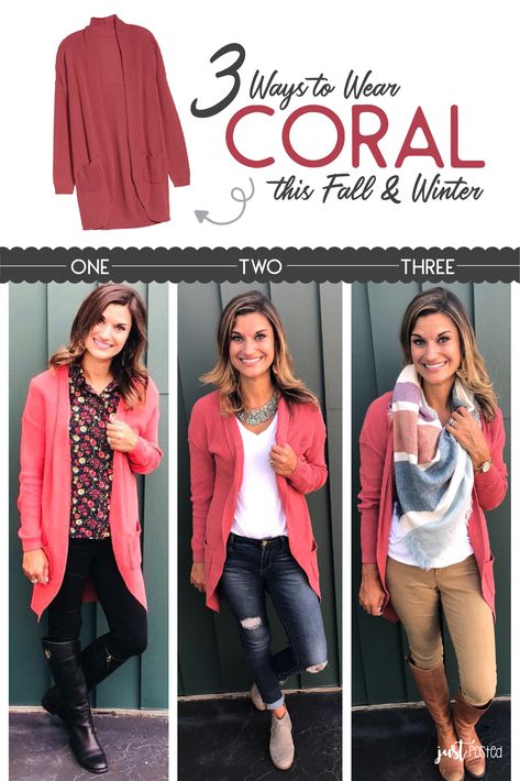 3 Different Ways & Style to wear this Coral Cardigan this Fall & Winter! It is easy to wear casually or dressed up! In this post, I show you how to wear all the colors in the Rainbow this Fall & Winter! Coral Cardigan Outfits, Coral Outfits, Outfit Minimalista, Coral Cardigan, Spring Colours, Winter Outfits Women, Professional Outfits, Ladies Dress Design, Spring Summer Outfits