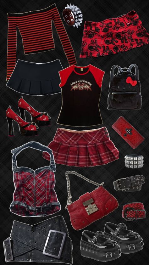 studded belts, embellished corset tops, tanktops/camisoles, micro mini skirts, demonias, skulls 2000 Scene, Rock Y2k, Red And Black Outfits, 2000s Mcbling, Scene Core, Scene Outfits, Black Y2k, Y2k Emo, Warped Tour